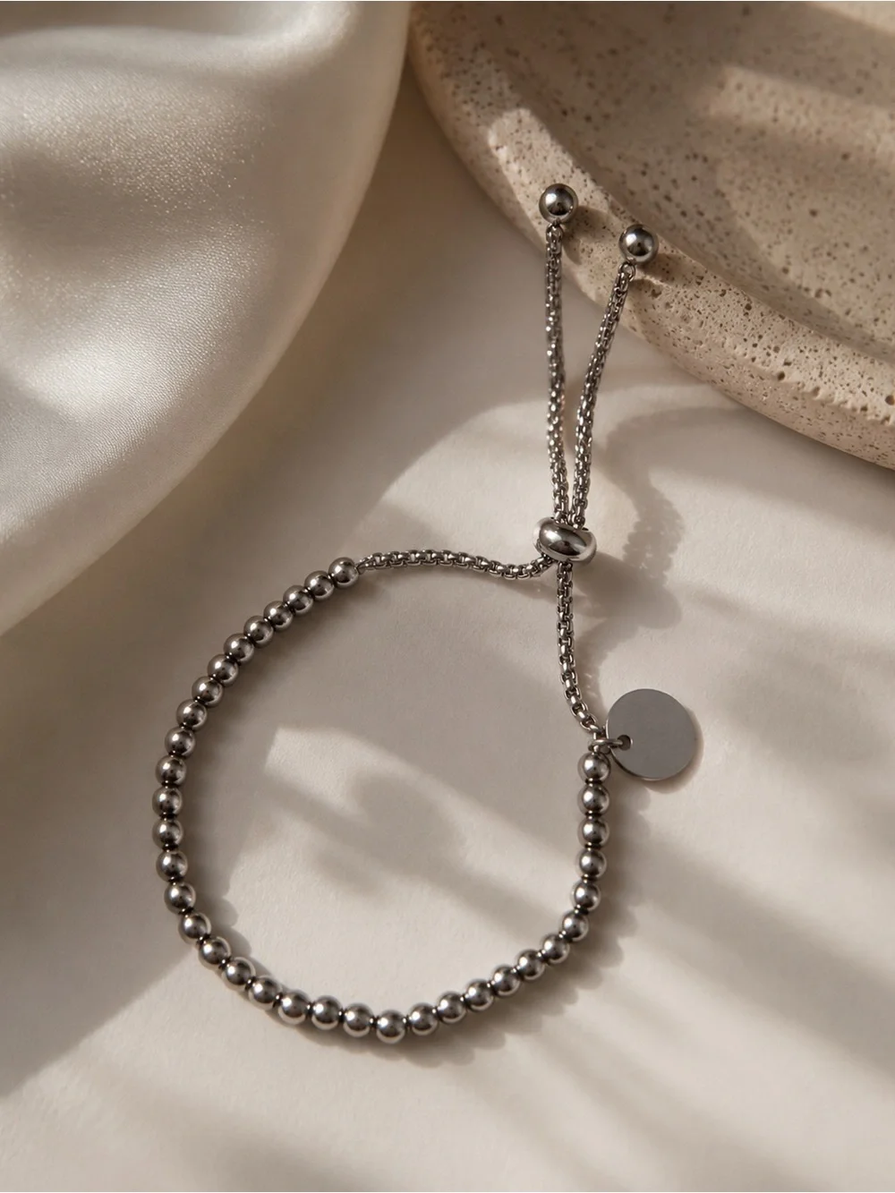 Stainless Steel Beaded Adjustable Bracelet - Silver